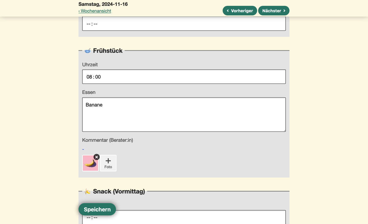 Screenshot von Nutrition Logs Tageseintrag mit hochgeladenem Foto unter dem Frühstücksfeld: Das Foto zeigt eine Banane in Schale auf rose Hintergrund
