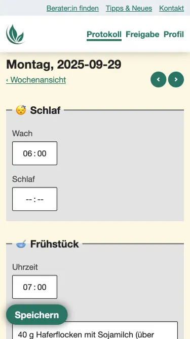 Nutrition Logs Tageseintrag aus Sicht von Kundinnen und Kunden: Feld 'Schlaf' mit 06:00 ausgefüllt. Feld 'Frühstück' mit 07:00 ausgefüllt.