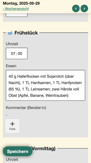 Nutrition Logs Tageseintrag aus Sicht von Kundinnen und Kunden: Feld 'Frühstück' mit 07:00 ausgefüllt sowie ein Text im Feld für das Frühstück.