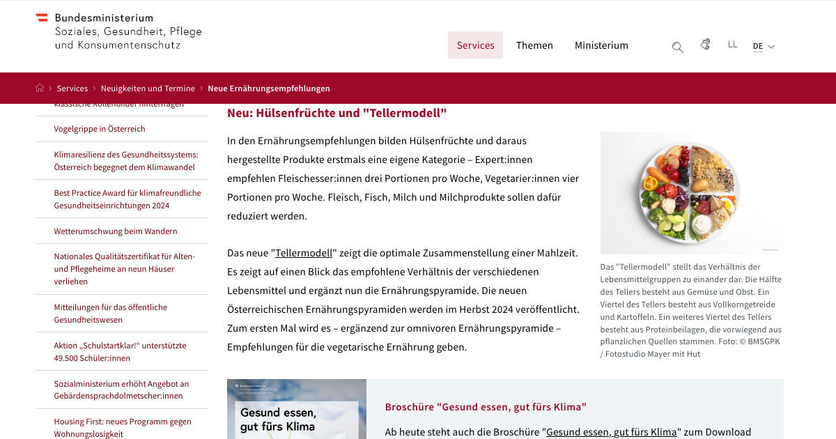 Website des österreichisches Sozialministerium das ein Foto des Tellermodells mit der Aufteilung zeigt: 50 % Gemüse/Obst, 25 % Vollkorngetreide/Erdäpfel, 25 % Proteinquellen (Screenshot)