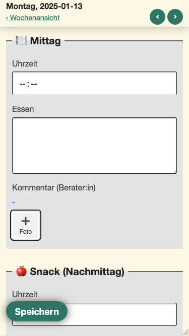 Screenshot von Nutrition Logs der den Upload-Button unter der Mahlzeit zeigt. Der Button ist ein weißes Quadrat mit einem Plus-Zeichen und dem Wort 'Foto'.