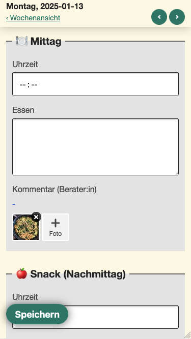 Screenshot von Nutrition Logs der das hochgeladene Foto in Kleinformat anstelle des Buttons zeigt. Der Button rückt dann einfach weiter nach rechts.