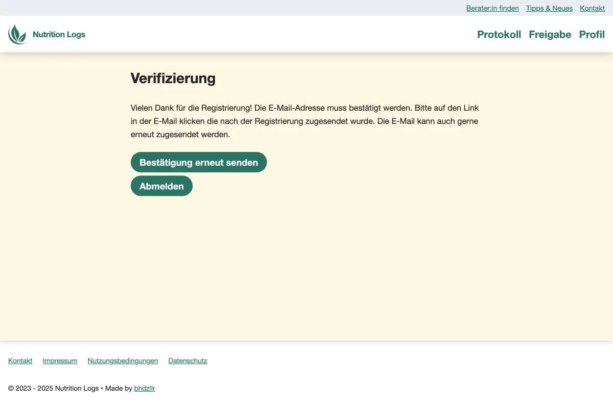 Bestätigunsseite mit dem Button 'Bestätigung erneut senden' sowie 'Abmelden' und dem Text: Vielen Dank für die Registrierung! Die E-Mail-Adresse muss bestätigt werden. Bitte auf den Link in der E-Mail klicken die nach der Registrierung zugesendet wurde. Die E-Mail kann auch gerne erneut zugesendet werden.