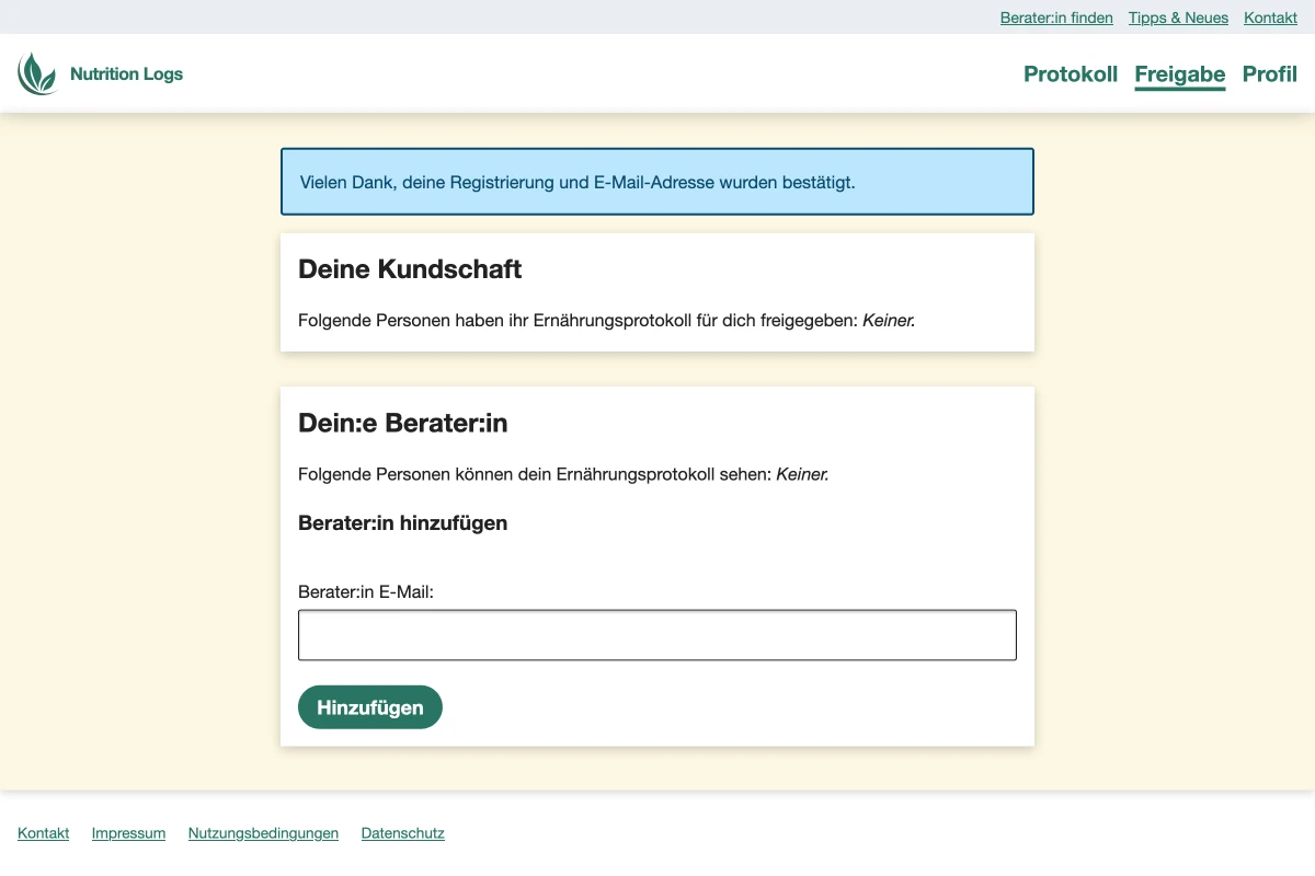 Freigabe-Seite mit der Bestätigunsnachricht in Blau: Vielen Dank, deine Registrierung und E-Mail-Adresse wurden bestätigt.