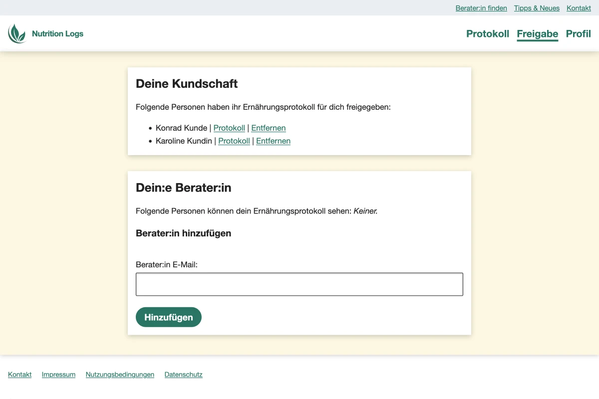 Freigabe-Seite von Berater:innen als Beispiel mit zwei freigegeben Ernährungstagebüchern. In der Liste stehen die Namen 'Konrad Kunde' sowie 'Karoline Kundin', jeweils mit den Links 'Enfernen' und 'Protokoll'. Darunter das Formular zur Freigabe des Ernährungsprotokolls durch Eingabe einer E-Mail-Adresse, denn auch Berater:innen können das Protokoll einer anderen Beraterin bzw. einem anderen Berater freigeben.