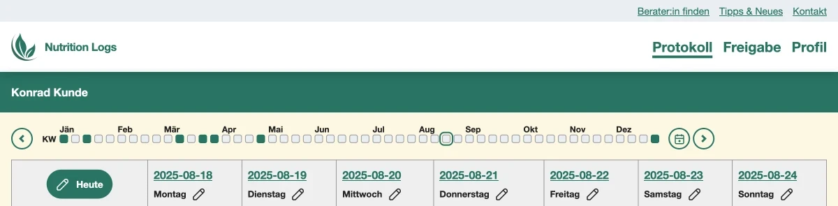 Ernährungsprotokoll aus der Sicht von Berater:innen. Am oberen Rand wird ein grüner Balken mit dem Namen des Kunden 'Konrad Kunde' angezeigt.