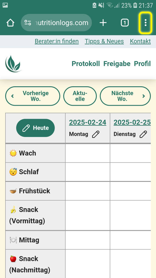 Nutrition Logs Protokoll Seite