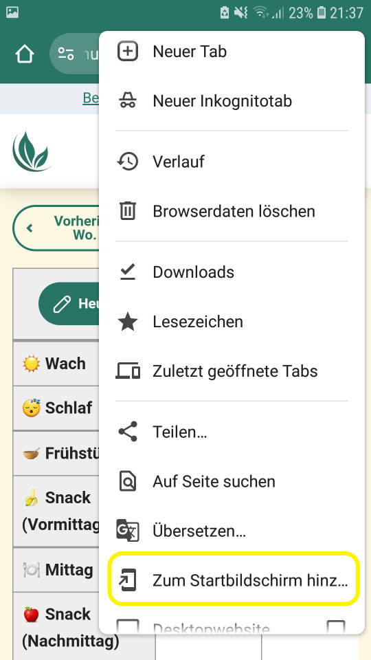 Android Chrome Menü mit Menüpunkt 'Zum Startbildschirm hinzufügen'