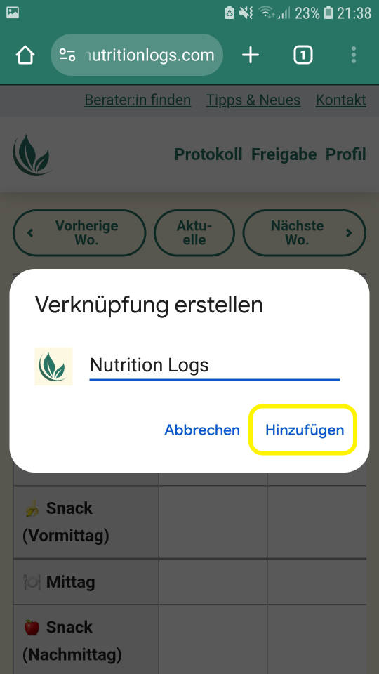 Android Chrome Dialoge für Eingabe eines Namens um eine Web App zum Startbildschirm hinzuzufügen. Eingabefeld ist mit 'Nutrition Logs' vorausgefüllt.