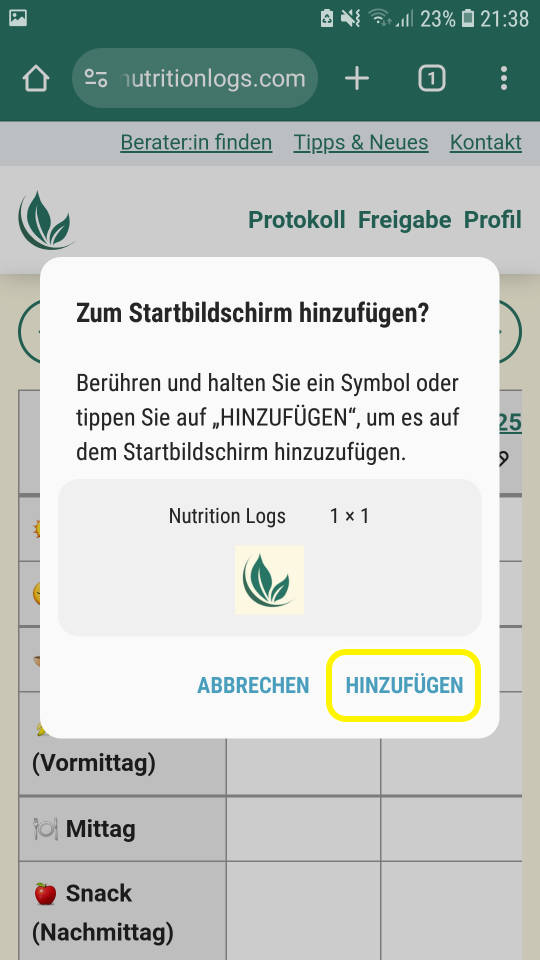 Android Chrome Dialoge um das Hinzufügen einer Web App zum Startbildschirm zu bestätigen.