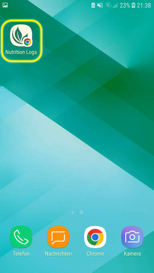 Android Startbildschirm mit Nutrition Logs Web App