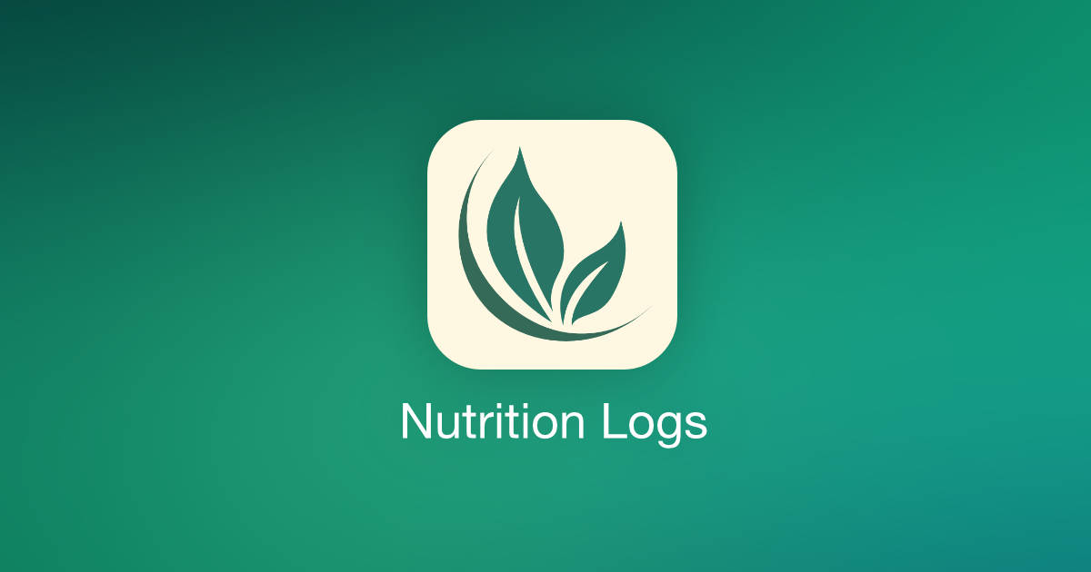 Nutriton Logs App Icon: Das Logo (Ein Halbkreis im Inneren zwei grüne Blätter) auf beigem Hintergrund mit der Beschriftung 'Nutrition Logs'.