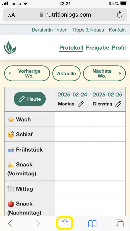 Nutrition Logs Protokoll-Seite geöffnet in Safari. Das Teilen-Symbol im untern Menü ist markiert.