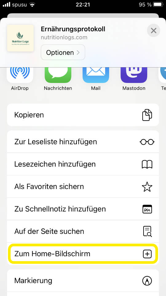 Geöffnets Teilen-Menü in Safari mit dem Eintrag 'Zum Home-Bildschirm'