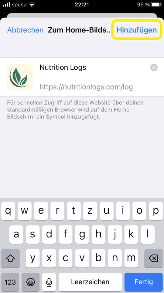 Dialog zur Eingabe eines Namens für die Web App, 'Nutrition Logs' ist vorausgefüllt.