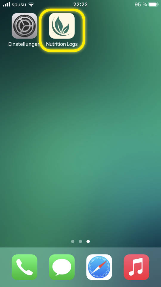 Home Screen mit Nutrition Logs Web App